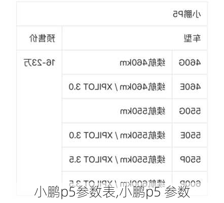 小鹏p5参数表,小鹏p5 参数