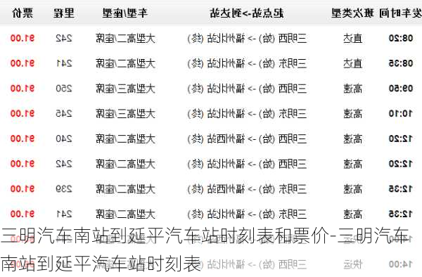 三明汽车南站到延平汽车站时刻表和票价-三明汽车南站到延平汽车站时刻表